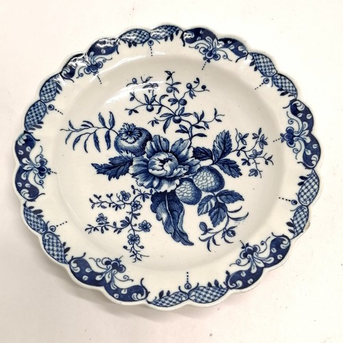 120 - c.1775 Worcester blue & white oval dish with 2 handles - 18cm x 13.5cm & has restoration to both han... 