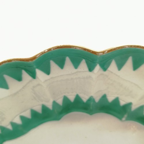 123 - Antique English oval lobed dish with unusual green dragontooth detail - 29.5cm x 22.5cm & slight a/f... 