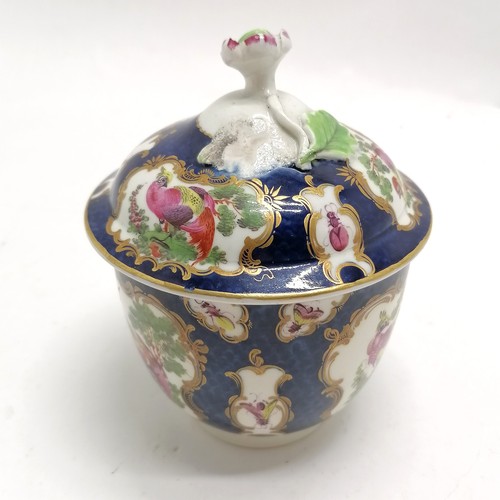 126 - 18th century Worcester blue grounded sucrier with fancy bird & bug panels - 12.5cm high & 10.5cm dia... 