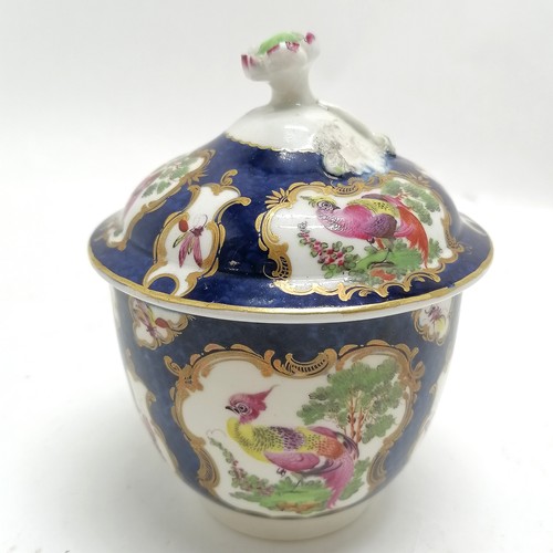 126 - 18th century Worcester blue grounded sucrier with fancy bird & bug panels - 12.5cm high & 10.5cm dia... 