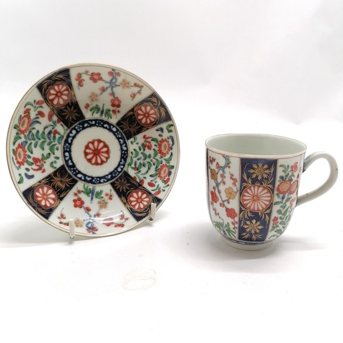 127 - Late 18th century Worcester Imari pattern cup and saucer (13cm diameter) with square marks to base ~... 