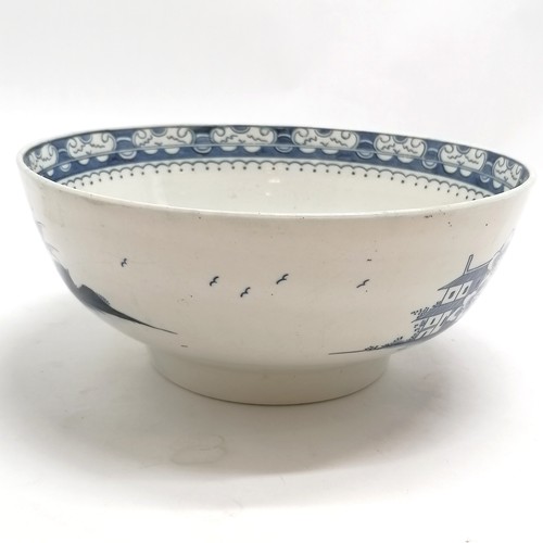 129 - c.1800 English blue & white bowl with chinoiserie decoration - 21cm diameter & no obvious damage