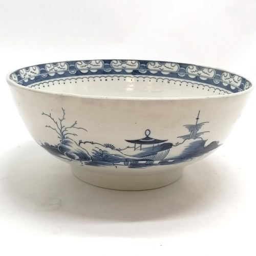 129 - c.1800 English blue & white bowl with chinoiserie decoration - 21cm diameter & no obvious damage