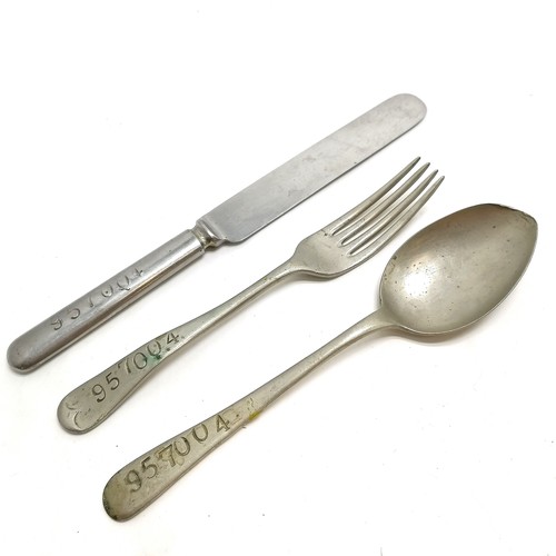 146 - Air Ministry marked spoon, knife and fork numbered 957004- knife 20cm long - in used condition