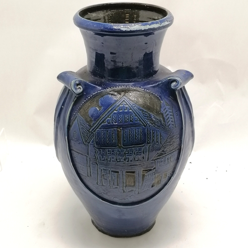 148 - Branham pottery blue glazed commemorative vase with 3 decorated panels, 1 dated 1928/1929, Exeter co... 