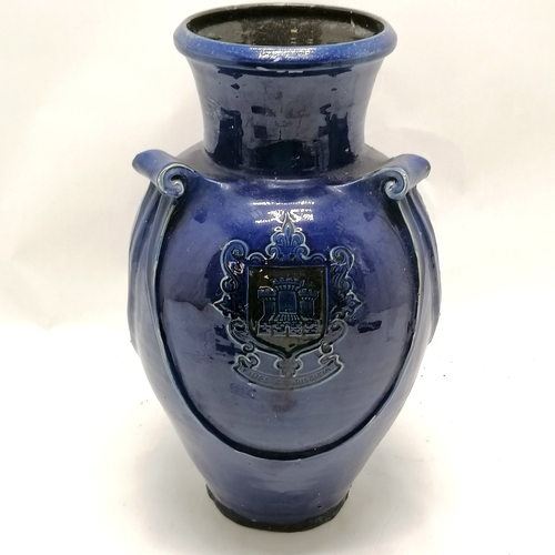 148 - Branham pottery blue glazed commemorative vase with 3 decorated panels, 1 dated 1928/1929, Exeter co... 