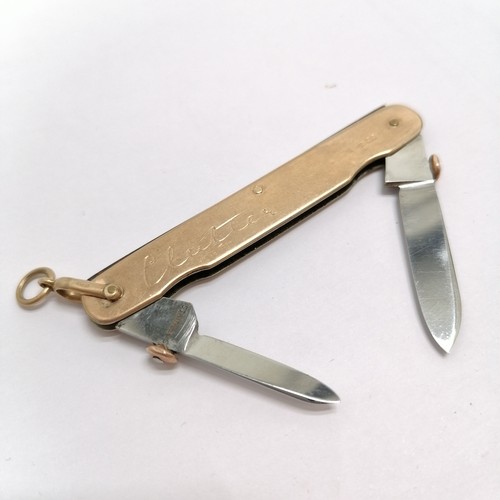 153 - Samuel Morden & Co. 9ct hallmarked Chester 1918 2 bladed penknife with 2 gold pull buttons to the bl... 