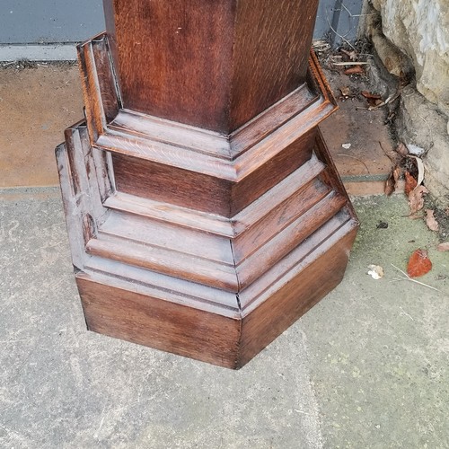 164 - Antique hexagonal oak church font with double hinged lid & metal lining and has gothic brass fitting... 