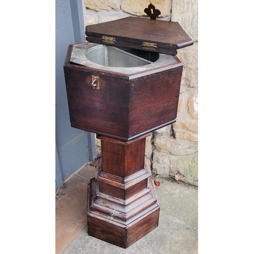 164 - Antique hexagonal oak church font with double hinged lid & metal lining and has gothic brass fitting... 