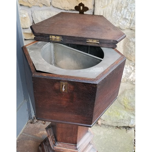 164 - Antique hexagonal oak church font with double hinged lid & metal lining and has gothic brass fitting... 