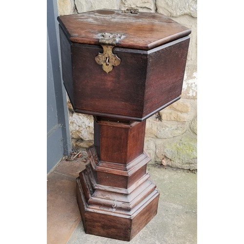 164 - Antique hexagonal oak church font with double hinged lid & metal lining and has gothic brass fitting... 