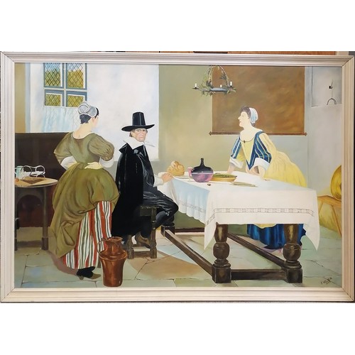 167 - Large framed 1969 painting on board of an Elizabethan scene signed J Holden - frame 90.5cm x 128.5cm