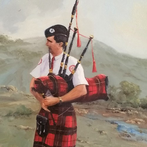 170 - John Downton (b.1939) framed original painting of 'Tickling the chanter, Tablelands' of a bagpipe pl... 