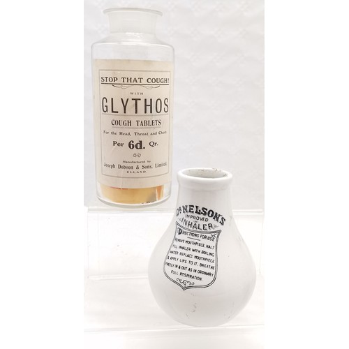 175 - Qty of antique chemists jars, bottles & inhalers (Dr Nelson's) inc Glythos cough tablets jar (22cm) ... 