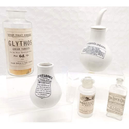 175 - Qty of antique chemists jars, bottles & inhalers (Dr Nelson's) inc Glythos cough tablets jar (22cm) ... 