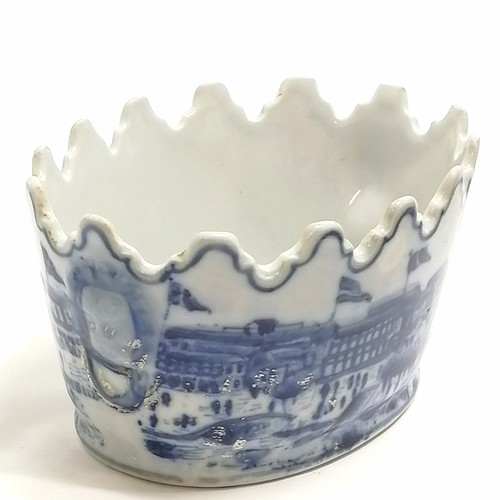 184 - Blue & white transfer decorated cache pot with exhibition detail with lion mask detail handles - 15c... 