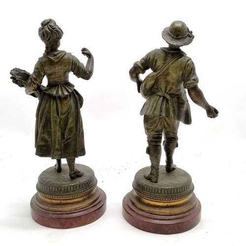 189 - Pair of antique spelter figures on scumbled turned wooden bases - 27cm high and no obvious damage