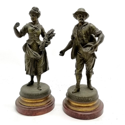 189 - Pair of antique spelter figures on scumbled turned wooden bases - 27cm high and no obvious damage