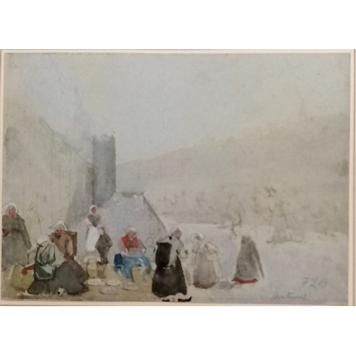 192 - Framed pencil / watercolour of Belgian group of people signed FLB Antwerp & (inscribed under mount) ... 