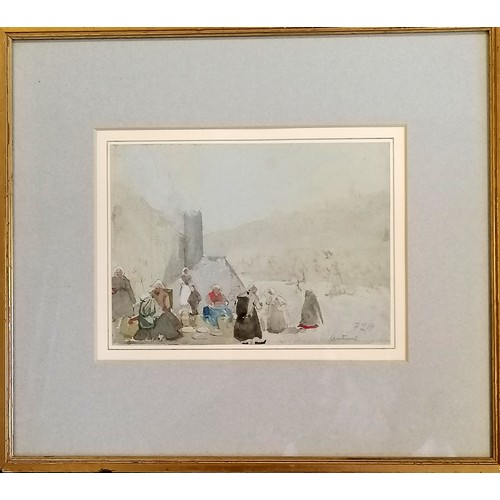 192 - Framed pencil / watercolour of Belgian group of people signed FLB Antwerp & (inscribed under mount) ... 