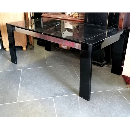 198 - Contemporary black glass topped table, 180 cm wide, 90 cm deep,76 cm deep, Good used condition.