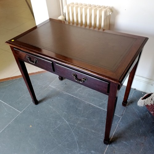 204 - 2 drawer mahogany side table with leather inset top, 91 cm wide, 53 cm deep, 77 cm high.