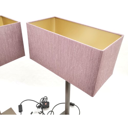 213 - Pair of bedside lamps with rectangular purple shades, 66 cm high, 36 cm wide