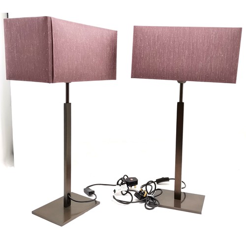 213 - Pair of bedside lamps with rectangular purple shades, 66 cm high, 36 cm wide