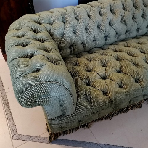 221 - Antique Chesterfield green button fabric 3 seater settee - 208cm wide, 67cm high, 86cm deep.