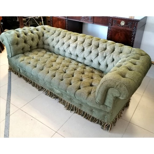 221 - Antique Chesterfield green button fabric 3 seater settee - 208cm wide, 67cm high, 86cm deep.