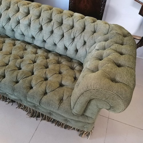 221 - Antique Chesterfield green button fabric 3 seater settee - 208cm wide, 67cm high, 86cm deep.