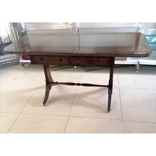 223 - Mahogany sofa table / dressing table with glass top t/w mahogany cabriole leg stool, 146 cm wide, 66... 