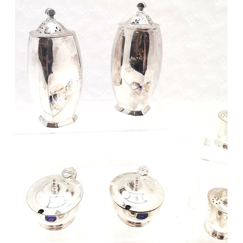 229 - Pair of Garrard's silver plated sugar casters, 16 cm high, 5 peppper's, 3 covered mustard's and 3 sa... 