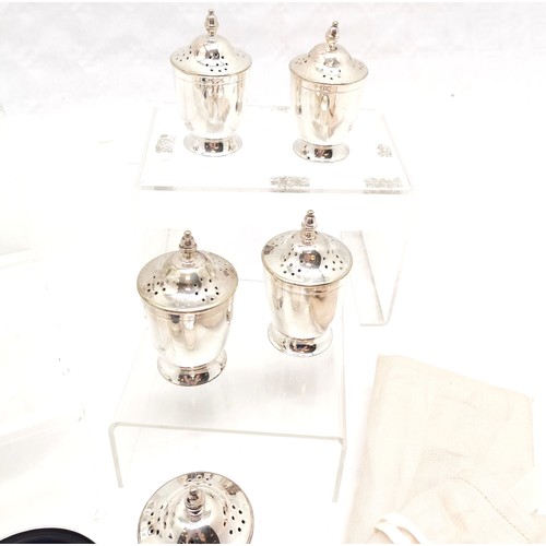 229 - Pair of Garrard's silver plated sugar casters, 16 cm high, 5 peppper's, 3 covered mustard's and 3 sa... 