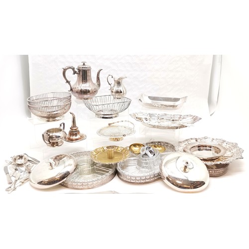 234 - Collection of assorted silver plated items, wine funnel, coffee pot etc.