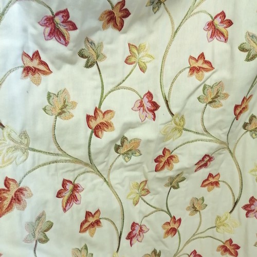 247 - Pair of cream floral lined curtains 240cm long x 300cm wide - some fading