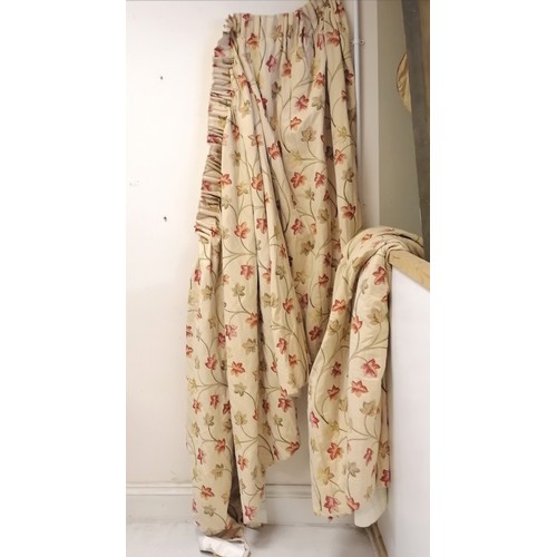 248 - pair of matching cream floral curtains 150cm long x 180cm wide - some fading