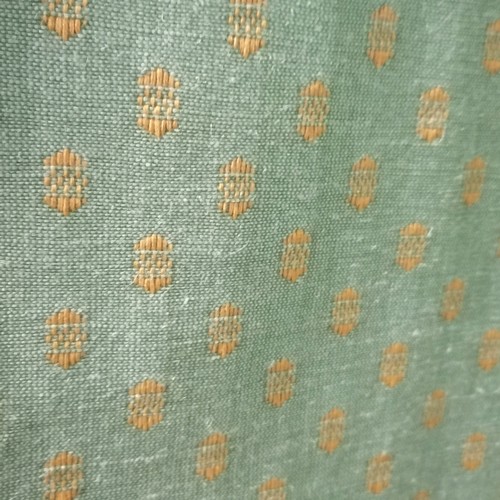 249 - Pair of lined turquoise linen curtains with gold detail 167cm long x 150cm wide - has some staining ... 