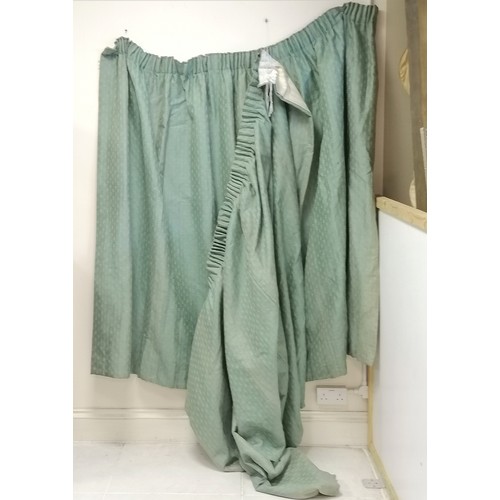 249 - Pair of lined turquoise linen curtains with gold detail 167cm long x 150cm wide - has some staining ... 