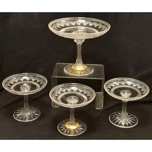 261 - Antique cut and etched glass tazza, repair to base, 20.5 cm high, 25 cm diameter, t/w set of 3 match... 