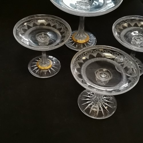 261 - Antique cut and etched glass tazza, repair to base, 20.5 cm high, 25 cm diameter, t/w set of 3 match... 