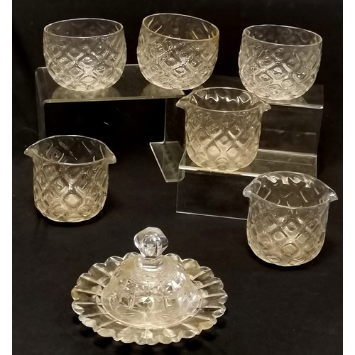 263 - Set of 3 moulded glass finger bowls with set of 3 matching spoon warmers t/w cut glass dish and cove... 