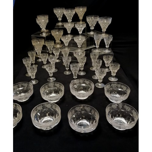 264 - 69 x glasses / part suite of facet cut red wine, white wine & liqueur with grape vine detail - large... 