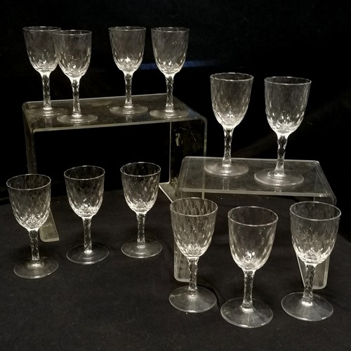 265 - Set of 12 x antique wine glasses with facet cut stems with dimpled bowls - 14.5cm high x 6.2cm diame... 