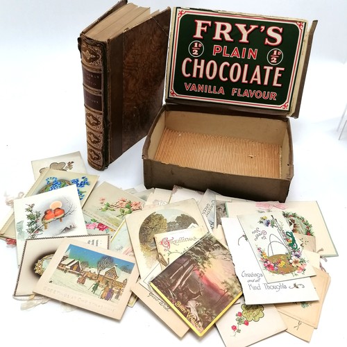 275 - Fry's chocolate box (22cm x 16cm x 6cm) containing qty of greetings cards t/w book 'Conquest of Mexi... 