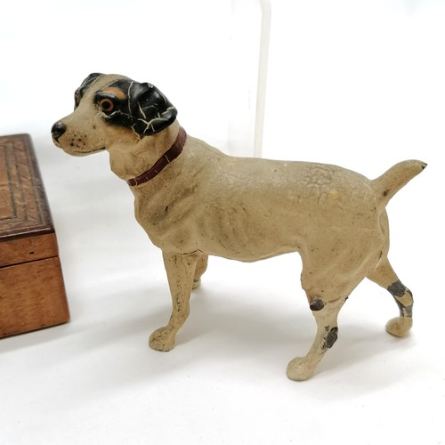 282 - Spelter cold painted dog figure (8cm high with losses), antique box with map of county of Sussex on ... 