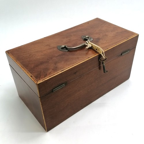 284 - Antique Georgian mahogany caddy box with silver hallmarked handle to top & with boxwood stringing an... 