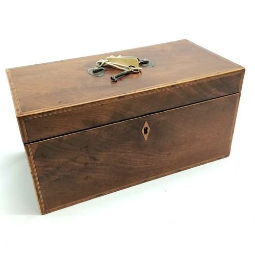 284 - Antique Georgian mahogany caddy box with silver hallmarked handle to top & with boxwood stringing an... 