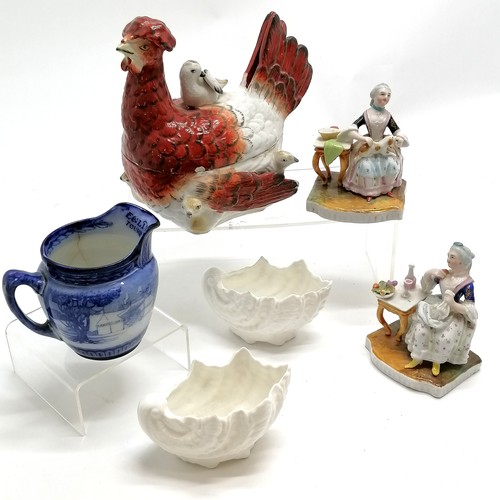 287 - Antique Staffordshire hen on nest lidded egg dish (16cm high), pair of continental figures, Coalport... 