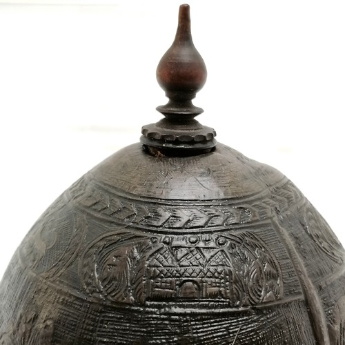 289 - Antique hand carved coconut / bugbear with crest entitled Batabid & depictions of buildings inc an i... 